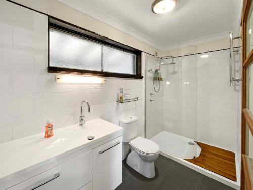 a bathroom with a toilet and a sink and a shower at Martha's Homestead in Lovedale