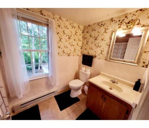 a bathroom with a toilet and a sink and a window at 4-Bedroom House Close to Beach in Salisbury