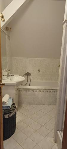 a bathroom with a sink and a bath tub at Ubytování na Křížovce in Chlum u Třeboně