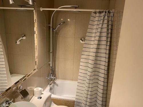 康塞普西翁的住宿－HOsTAL PALMED，带淋浴、卫生间和盥洗盆的浴室