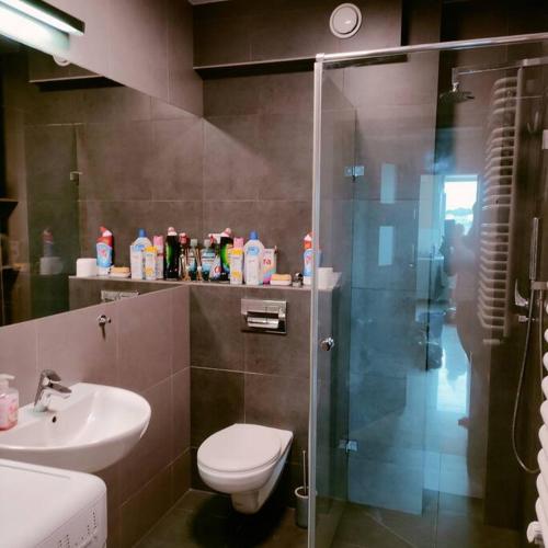 W łazience znajduje się prysznic, toaleta i umywalka. w obiekcie Zachodnia 8th floor apartment w Krakowie
