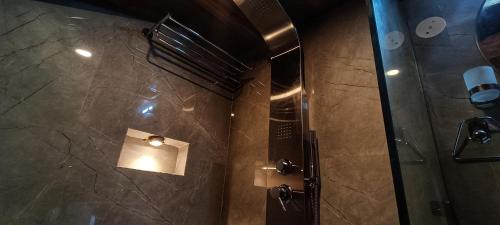 uma casa de banho com um chuveiro e uma porta de vidro em Starlit Dome Mcleodganj em McLeod Ganj