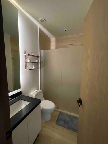 a bathroom with a white toilet and a sink at Ocean view apartment close to de beach and 5th Av in Playa del Carmen