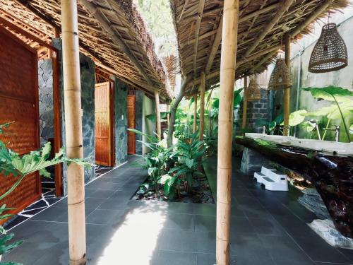 an outdoor patio with plants in a building at Thavill Retreat HaGiang in Ha Giang