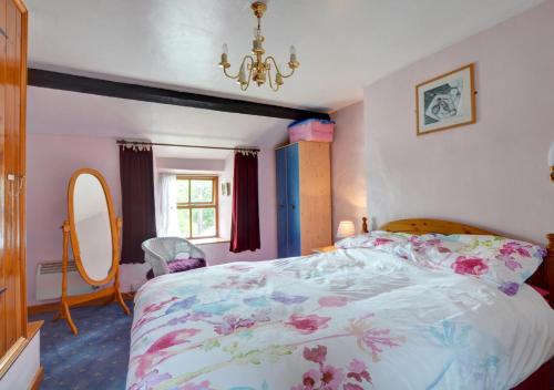 TrawsfynyddにあるGellfechanのベッドルーム1室(ベッド1台、鏡、シャンデリア付)