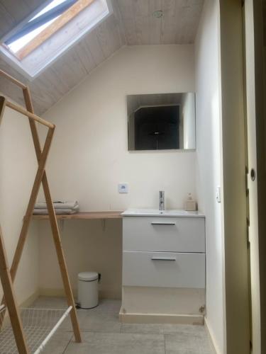 ein Badezimmer mit einem Waschbecken und einem Dachfenster in der Unterkunft Le petit belge in Montgivray