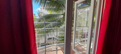 a window with a view of a palm tree at Coco Lux Mon Amour in Grand Baie