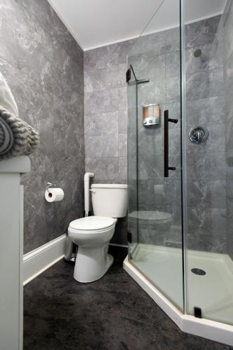 a bathroom with a toilet and a glass shower at Main Street Living! 2 Bedroom Unit right On Main! in St. Charles