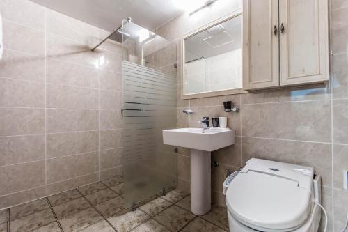 a bathroom with a toilet and a sink at Cheonjiyeon Hotel in Seogwipo