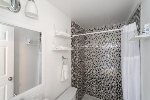 een badkamer met een douche en een douchegordijn bij Takoma Park Home ~ 6 Mi to the National Mall! in Takoma Park