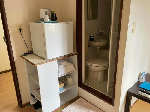 ein kleines Bad mit einem WC und einem Spiegel in der Unterkunft Southern Village Okinawa - Vacation STAY 09978v in Kishaba