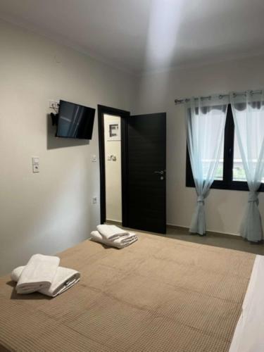 1 dormitorio con 1 cama, TV y puerta en My House Apartments, en Pyrgadikia