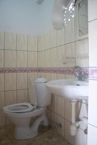 a bathroom with a toilet and a sink at Vagabond Guest House in Pokhara