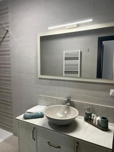 een badkamer met een wastafel en een spiegel bij Green Residence in Suceava