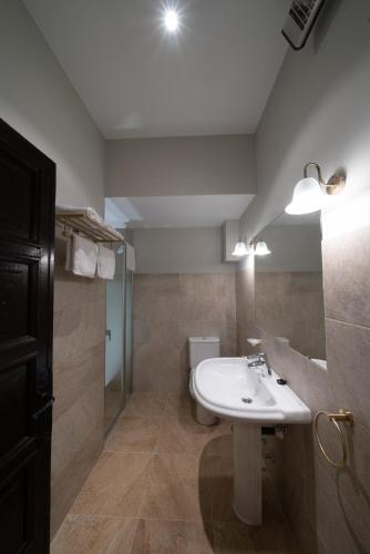 a bathroom with a white sink and a shower at La Posada de Pradorey in Ventosilla
