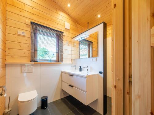 a bathroom with a white sink and a toilet at Cozy holiday home in Limburg with a beautiful view in Schinnen