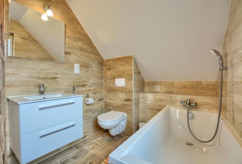 a bathroom with a sink and a toilet and a tub at Panskiemisie Domki Całoroczne sauna jacuzzi in Wetlina