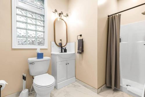 a bathroom with a toilet and a sink and a mirror at Peaceful Studio Flat near Downtown Mount Clemens in Mount Clemens