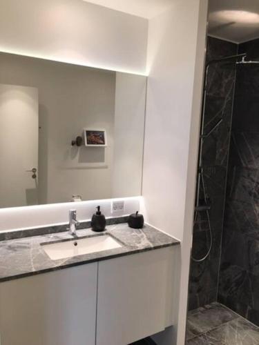 a white bathroom with a sink and a shower at Bo med stil og udsigt til Aarhus lystbådehavn in Aarhus