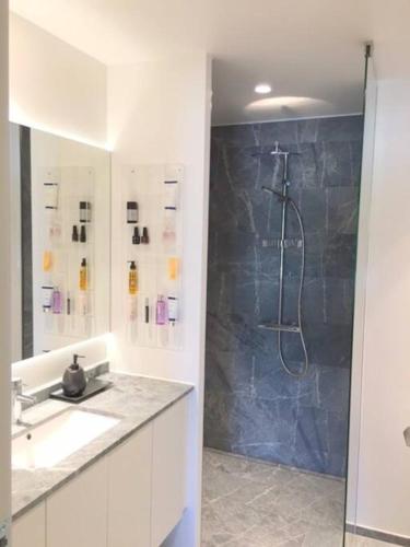 a bathroom with a shower and a sink at Bo med stil og udsigt til Aarhus lystbådehavn in Aarhus