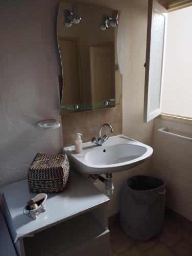 une salle de bain avec un lavabo et un miroir dans l'établissement Petit nid cosy typiquement provençal, à Villecroze