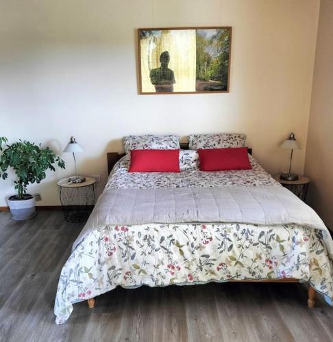 une chambre avec un grand lit avec deux oreillers rouges dans l'établissement Au Piémont des Vosges, à Gertwiller