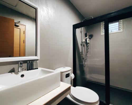 a bathroom with a sink and a toilet and a mirror at DeliZia de Villa Satun พักได้ 9 ท่าน in Satun