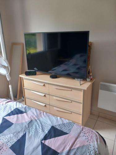 einen großen Flachbild-TV auf einer Kommode in einem Schlafzimmer in der Unterkunft Chez nous lo et val in Montpon-Ménestérol