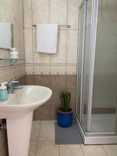 a bathroom with a sink and a shower at Green Door Getaway in Limassol