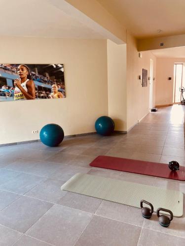 a room with two blue balls and a yoga mat at La Merveilleuse by Infiniti hôtel in Dinant