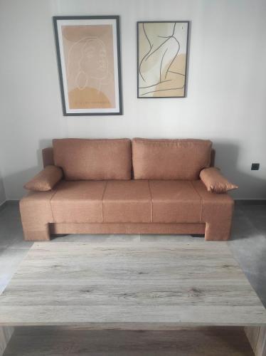 a brown couch in a living room with two pictures at Pearl Apartel in Volos