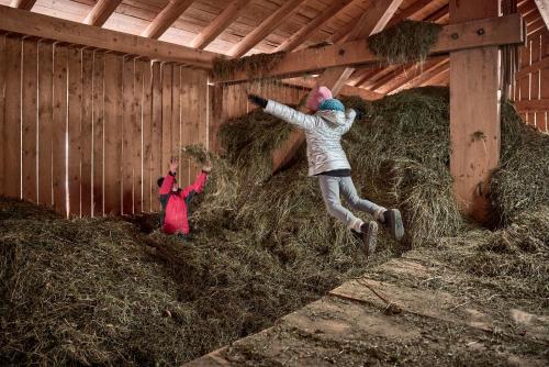 two children jumping into a barn with hay at Ratschingser Kreuz Blasighof in Racines