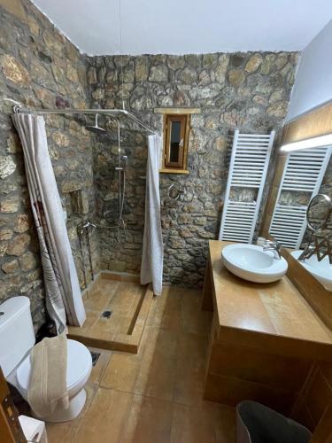 a stone bathroom with a sink and a shower at Country Stone House ,next to Kalavrita in Kalavrita