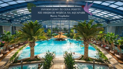 a large swimming pool with palm trees in a mall at Hotel Binkowski in Kielce