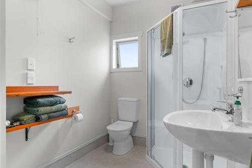 a bathroom with a sink and a toilet and a shower at Hatea Drive Accommodation in Whangarei
