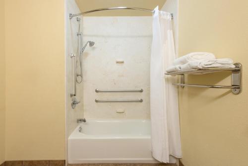 uma casa de banho com um chuveiro e uma banheira branca em Holiday Inn Express & Suites Lexington Downtown Area-Keeneland, an IHG Hotel em Lexington