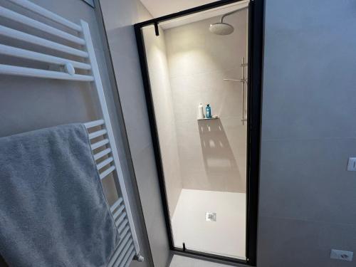 a bathroom with a shower with a mirror at Verbano Boutique Apartment in Meina