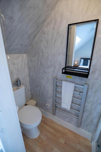 a bathroom with a toilet and a mirror at Coolin View in Portree