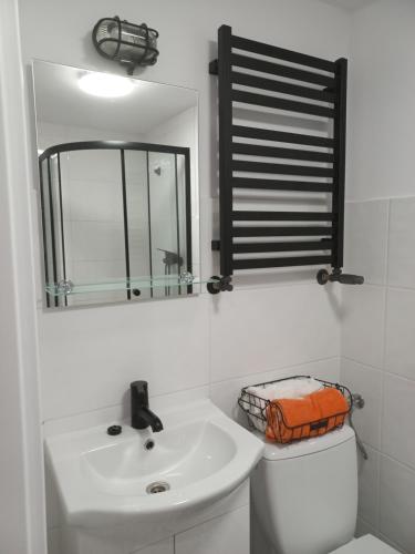 La salle de bains blanche est pourvue d'un lavabo et d'un miroir. dans l'établissement Przytulne studio przy Atlas Arena i malowniczym parku, à Łódź