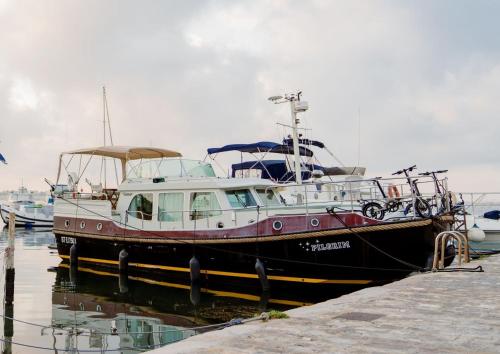 ein an einem Dock im Wasser angedocktes Boot in der Unterkunft Hébergement insolite en demi-pension et excursion en bateau in Bouzigues