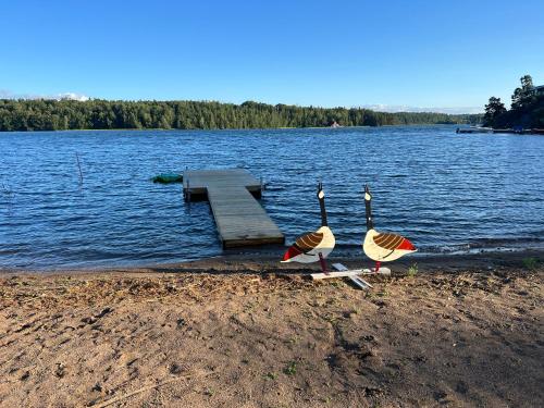 two flamingos standing on the shore of a lake at Luxory Vättern Lake Villa in Motala