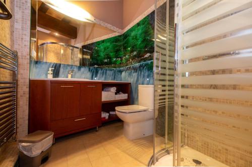 a bathroom with a toilet and a green wall at El Rincón de Antonio in Monfarracinos