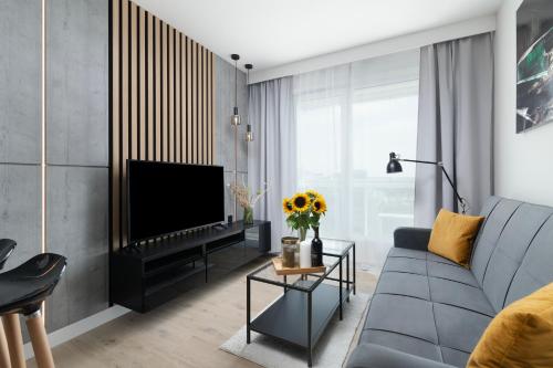 a living room with a couch and a television at EASY RENT Apartments - Kompozytorów Polskich 51, Free Parking, 24h Check-in in Lublin