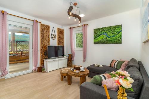 ein Wohnzimmer mit einem Sofa und einem TV in der Unterkunft House Family Podhum in Dražice