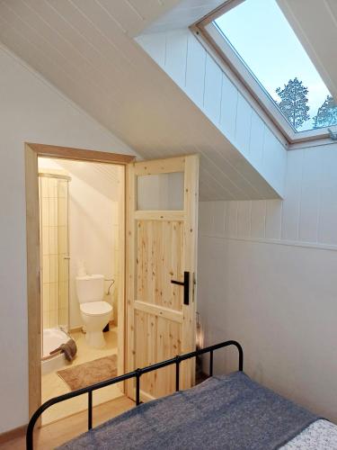 a room with a bathroom with a toilet and a window at Dwór pod Sosnami Kaszuby, sauna in Ostrzyce
