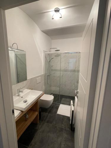 a bathroom with a shower and a sink and a toilet at Tenuta Dei Vicini - Luxury Apartments in San Marzano Oliveto
