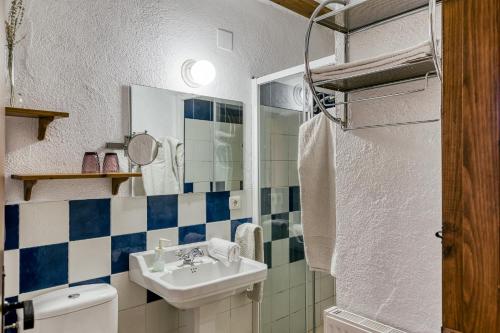a bathroom with a sink and a toilet and a mirror at Mas Alba in San Esteban de Guialbes