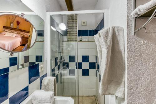 a bathroom with a shower and a sink and a mirror at Mas Alba in San Esteban de Guialbes
