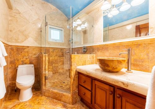 a bathroom with a toilet and a shower and a sink at Belizean Cove Estates Beachfront Villas in San Pedro