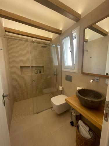 a bathroom with a shower and a sink and a toilet at Sohoros Luxury Suites in Skhoinoussa